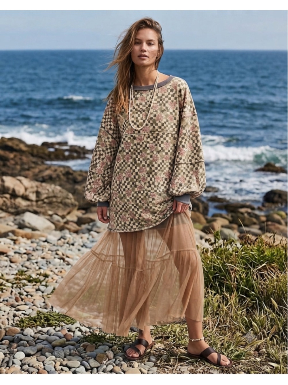 FP We The Free Coastal Printed Crew Tunic Dress in Terracotta Combo Size Medium